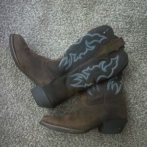 Brown Cowboy Boots with Blue Embroidery